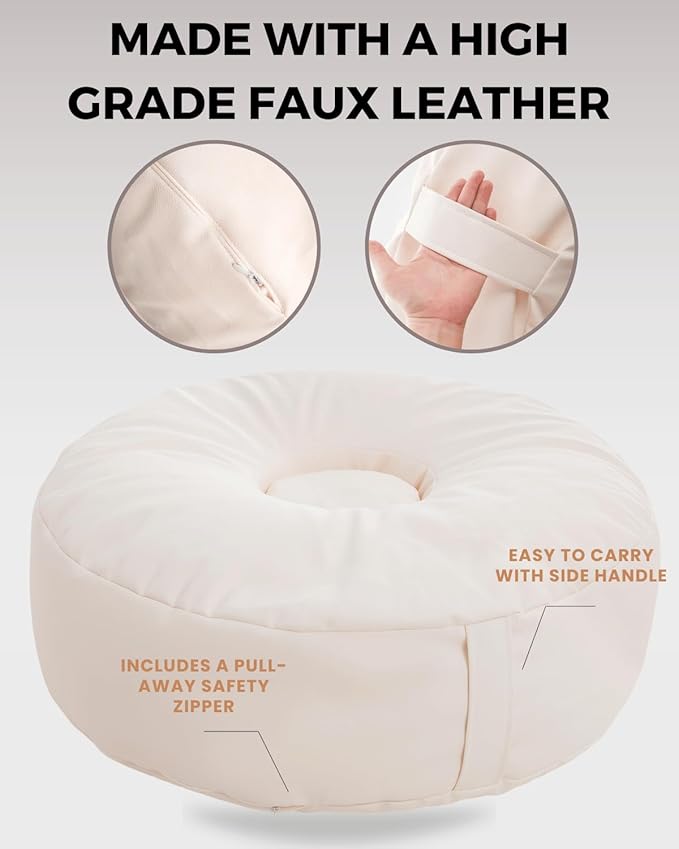 Newborn Posing Beanbag (Unfilled) for Baby Photography | 32″ Donut Style Prop Pillow | Durable Vegan Leather, Handle for Travel, Studio or Home Photos
