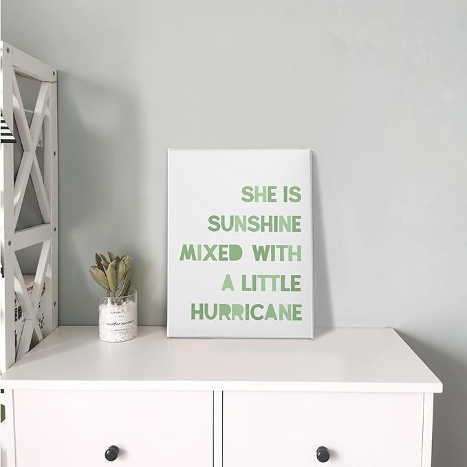 PHAMTE Girls Bedroom Wall Decor,She Is Sunshine Mixed With a Little Hurricane Girls Room Wall Art,Sunshine Print Framed Canvas Painting Artwork Girl Room Bedroom Home Nursery(11x14 Inch)（White-2）