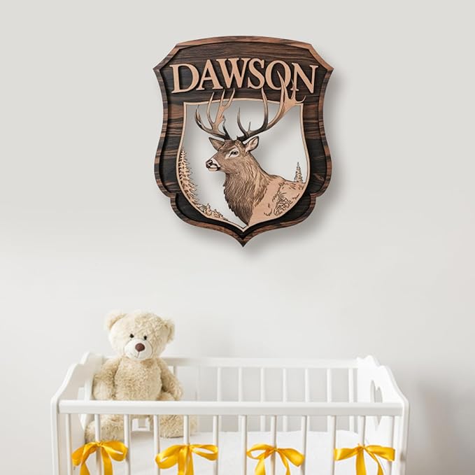 Personalized Nursery Sign, Animals Wooden Sign with Name, Hello World Newborn Sign, Deer Sign for Kid Room Decor, Baby Gifts for Boy, Custom Baby Name Sign, Baby Boy Wall Art Bedroom