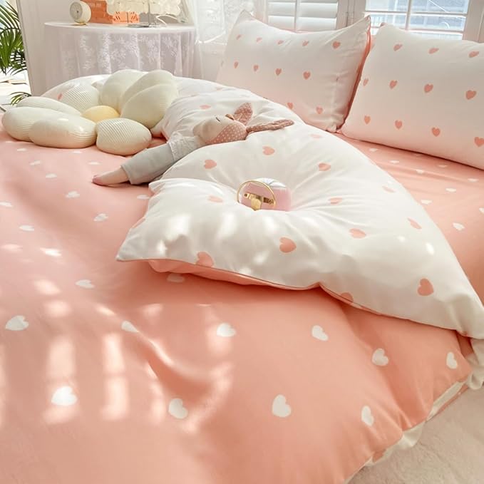 Blush Pink Duvet Cover Set Twin Heart Bedding Set Cute Love Heart Bedding 2Pcs Girls Reversible White Pink Duvet Cover with Zip and 1 Pillowcase（No Comforter）