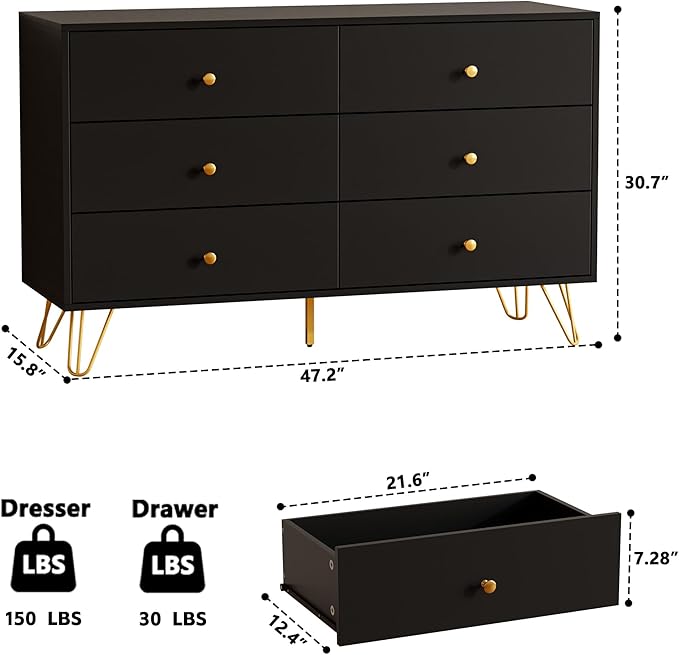 Black Dresser for Bedroom, 6 Drawer Dresser with Golden Handles, Large Storage Cabinet, Modern Chest of Drawers Organizer Storage for Hallyway, Entryway