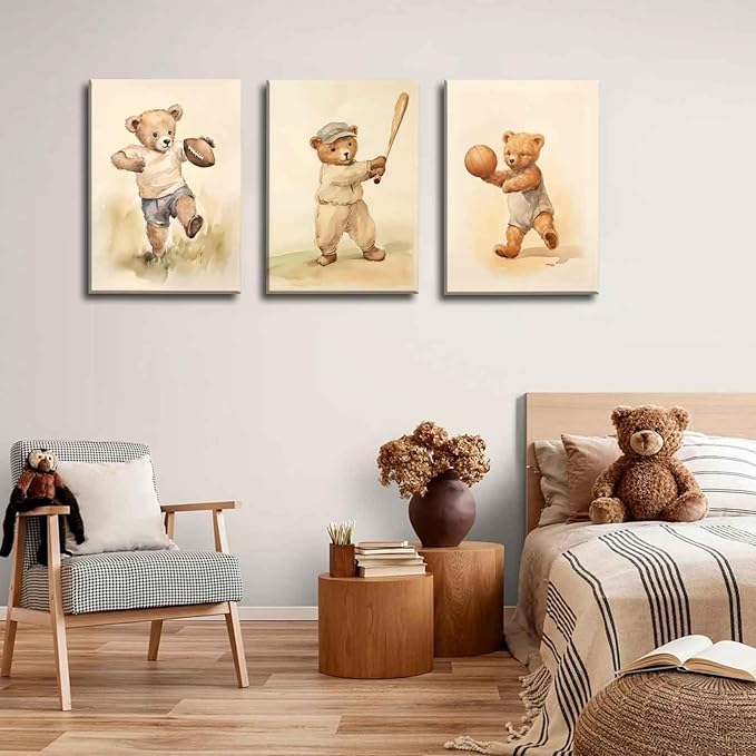 3Pcs Teddy Bear Sports Nursery Animal Canvas Wall Art Cute Woodland Baby Bear Rugby Wall Decor Pictures Football Basketball Baseball Kids Room Posters Prints for living Children Bedroom Decoration