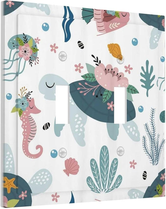 Underwater Floral Turtle Animal 2 Gang Light Switch Plate Cover Double Toggle Wall Plate Decorative Switchplate Electrical Faceplate for Nursery Kidsroom Bedroom Decor