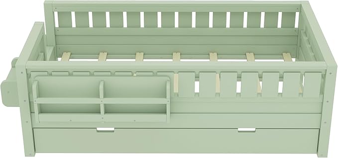 Bellemave Twin Size Kids Bed with high Rails and with Built-in Bookshelf and Trundle for Kids, Girls, Boys, Wood Montessori Bed Without Door, Avocado Green