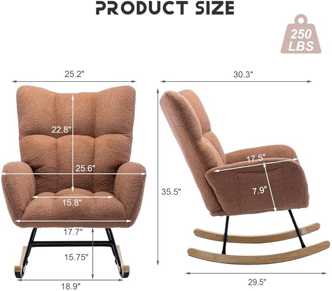 Nursery Rocking Chair Teddy Upholstered Glider Rocker Rocker Accent Chair with High Backrest Armchair Comfy Side Pocket Modern Rocking Accent Chairs for Living Room, Nursery, Office-Brown