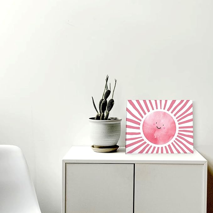 WODMIS Boho Sun Shunshine Wall Art, Cute Cartoon Smiling Watercolor Neutral Canvas Home Decor for Kids Baby Room Nursery Playroom, Pink 11x14