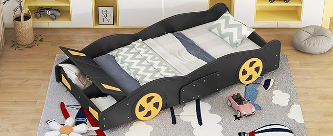 Twin Size Race Car-Shaped Platform Bed Bedframe with Wheels and Storage, 90.6" L * 40.3" W * 15,7" H Black+Yellow