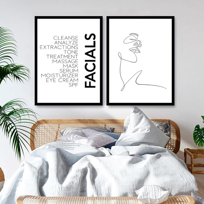 Minimalist Wall Art Prints Black and White Abstract Line Art Facials Quotes Wall Art Spa Beauty Decor Woman Face Sketch One Line Drawing Wall Art Framed(12x16Inch Black Frame)
