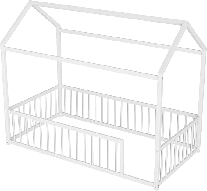 House Shape Twin Size Montessori House Bed Metal Floor Bed Twin Bedframe for Kids No Box Spring Needed, White