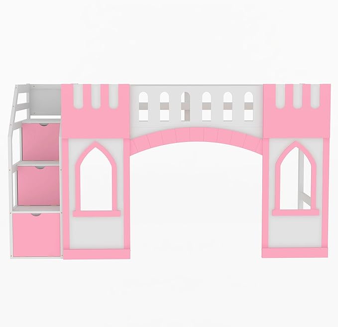 Playhouse Design Twin Size Loft Bed with Storage Staircase and Windows, Solid Wood Loft Bed Frame with Safety Guardrail for Kids Teens Boys Girls, Space-Saving (Pink-3)