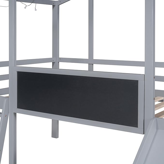Play Fun Design Twin Size Loft Bed with Ladder and Slide for Kids Boys Girls, Solid Wood House Loft Bed Frame with Blackboard and Light Strip on The Roof, Sturdy Slat Support (Gray-6)