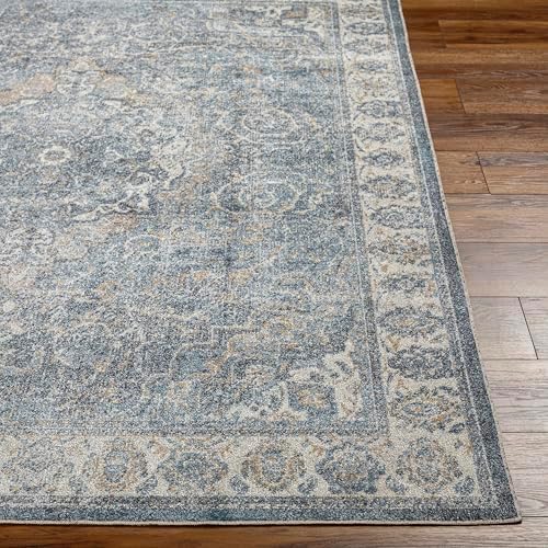 Mark&Day Washable Rugs, 8x10 Elsmore Traditional Navy Blue Area Rug, Blue Ivory Orange Carpet for Living Room, Bedroom or Kitchen (7'10" x 10'2", Machine Washable)