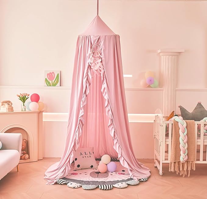 Mengersi Bed Canopy for Girls,Ruffled Canopy Bed Curtains Canopy for Girls Room,Hanging Canopy Princess Play Tent for Reading Nook Play Room Decor (Beige Pink)