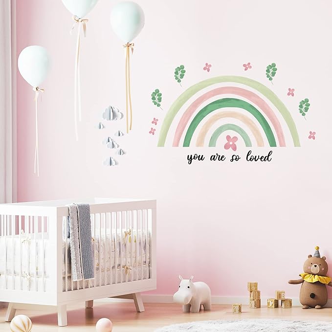 Containlol Rainbow Wall Decals, Playroom Wall Decor for Girl Room, Watercolor Peel and Stick Wallpaper, Boho Wallpaper 30 x 14 Inch Heart Art Stickers for Toddler Bedroom Nursery(Green,Fresh)