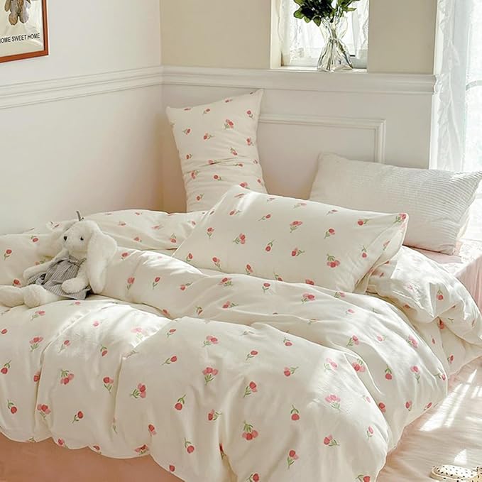 Nayoroom Pink Floral Comforter Set Full Size Coquette Tulip Printed on White Comforter 3 Pieces Kids Girls Soft Cute Dorm Bedding Set for All Seasons (1 Comforter, 2 Pillow Shams)