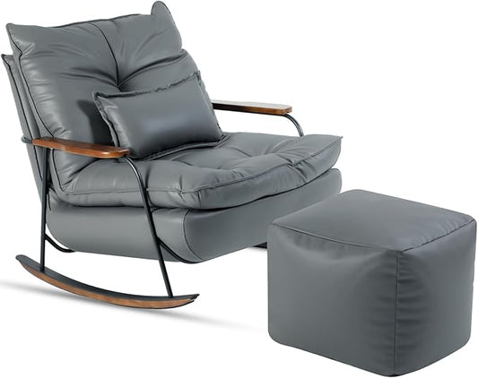 zyz Rocking Chair with Ottoman and Pillow, Mid-Century Modern Recliner, Reclining Nursery Rocker, Wood Armchair, 25° Rocking Motion, Lazy Sofa for Living Room Bedroom Balcony, PU Leather (Dark Grey)