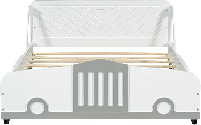 Full Size Car-Shaped Platform Bed with Wheels, Solid Wood Car Bed Frame with Strong Slatted Support for Kids Teens Boys Girls Bedroom, Fun Play Design Kids Floor Bed (White-WL55)