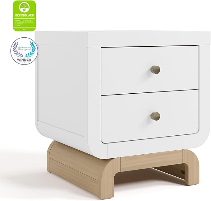 Storkcraft Santorini 2 Drawer Nightstand (White & Driftwood) - GREENGUARD Gold Certified Nightstand for Kids Bedroom, Premium Wood with Curved Base, “Champagne” Metal Knobs