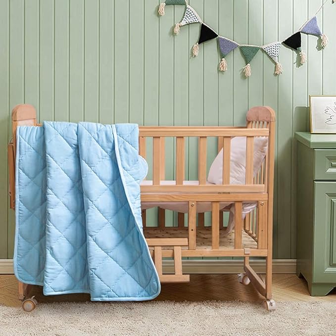 FLXXIE Machine Washable Microfiber Down Alternative Toddler Comforter, Super Soft and Lightweight Kids Crib Quilted Blanket for Stroller, Travel, 39x47 Inches, Aqua