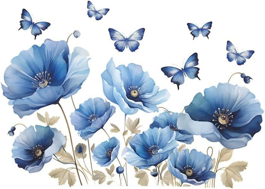 Blue Flower Wall Decals Peel and Sticker DIY Floral Butterly Wall Stcikers Murals for Girls Bedroom, Living Room, Kids Room Wall Decor