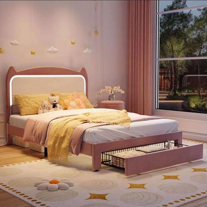 Garvee Full Upholstered LED Bed Frame with Storage Drawer & Cute Cat Headboard, Velvet Princess Platform Bed Frame with Sturdy Wood Slats Support for Girls/Kids, No Box Spring Needed, Pink