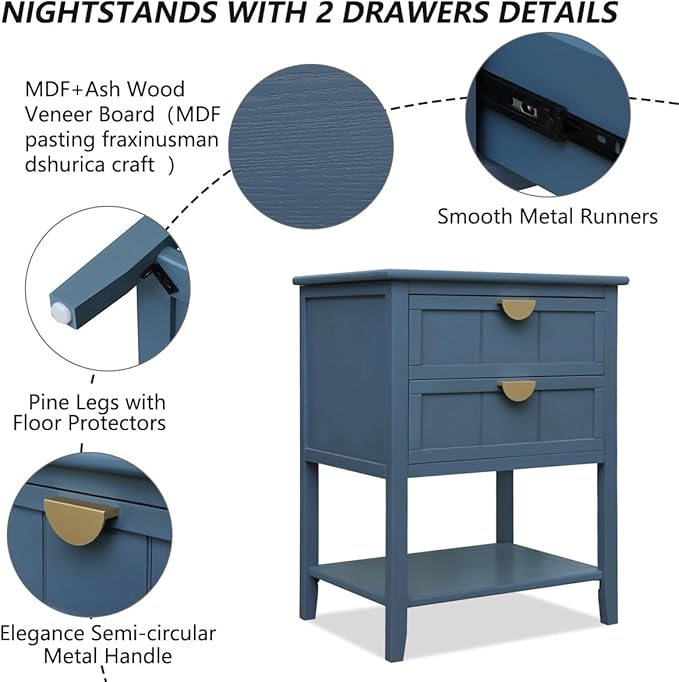 PElHONGET Nightstand with 2 Drawers, Accent End Table Mid Century Modern Side Table with Shelf Storage, Bed Night Stand with Metal Handles Wood for Bedroom, Living Room (Blue)