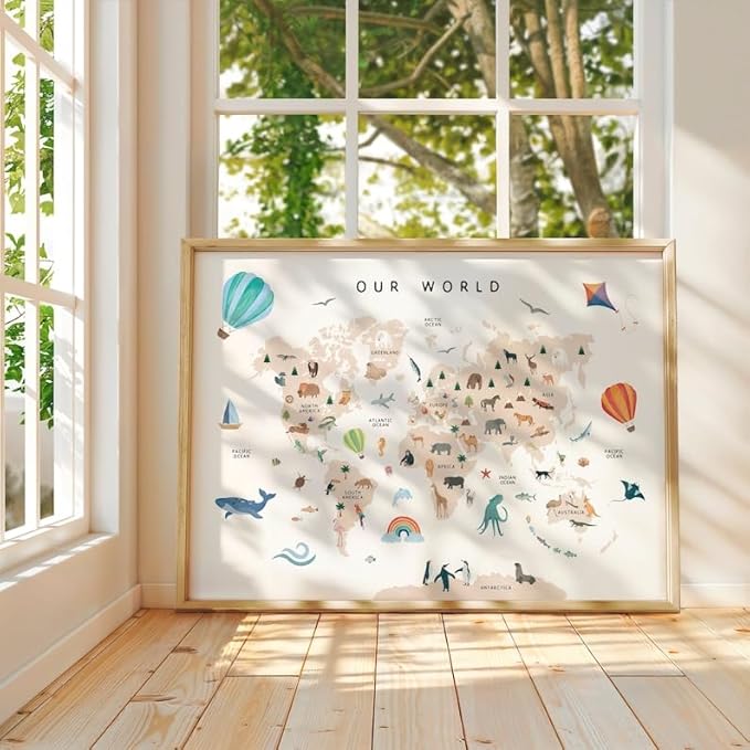 OZCONO Animal World Map Poster, Kids Educational Geography Decor, Safari Animals Nursery Art, Montessori Learning Wall Print (Unframed) (9x11)