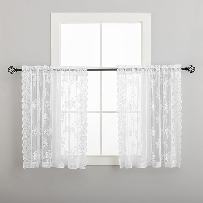 Kotile White Lace Curtains 36 Inch Length 2 Panels, Country Rustic Floral Short Lace Curtains for Kitchen Window, Rod Pocket Privacy Lace Cafe Curtains, 42 x 36 Inch Each, 1 Pair, White