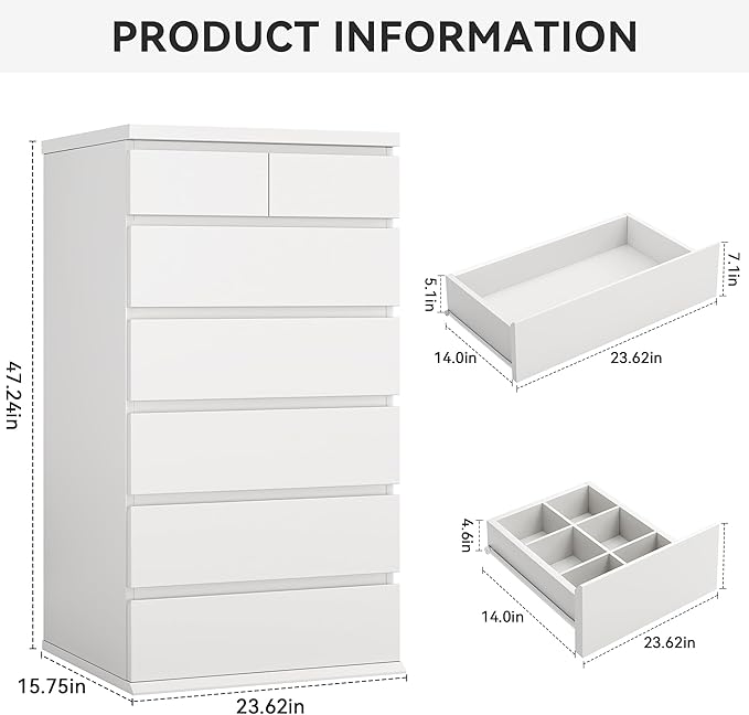 White Tall 7 Drawer Dresser for Bedroom, Modern Wood Closet Dressers & Chests of Drawers with Jewelry Storage, 23.6" L*15.8" W*47.5" H in Large Vertical Dresser for Bedroom, Living Room, Nursery