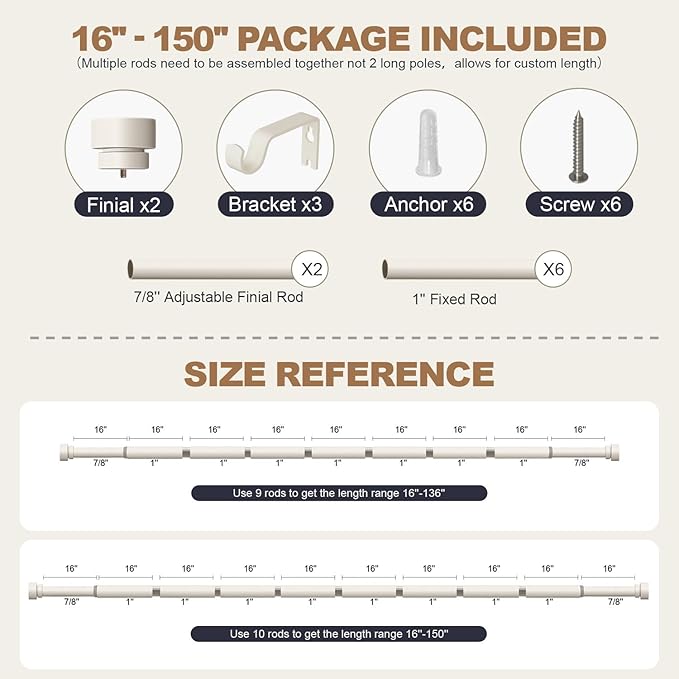 Modern White Curtain Rods for Windows 72 to 144 Inches Adjustable Length Heavy Duty 1" Diameter Window Curtain Rod with Decorative Finials for Outdoor Farmhouse Bedroom Kitchen Living Room