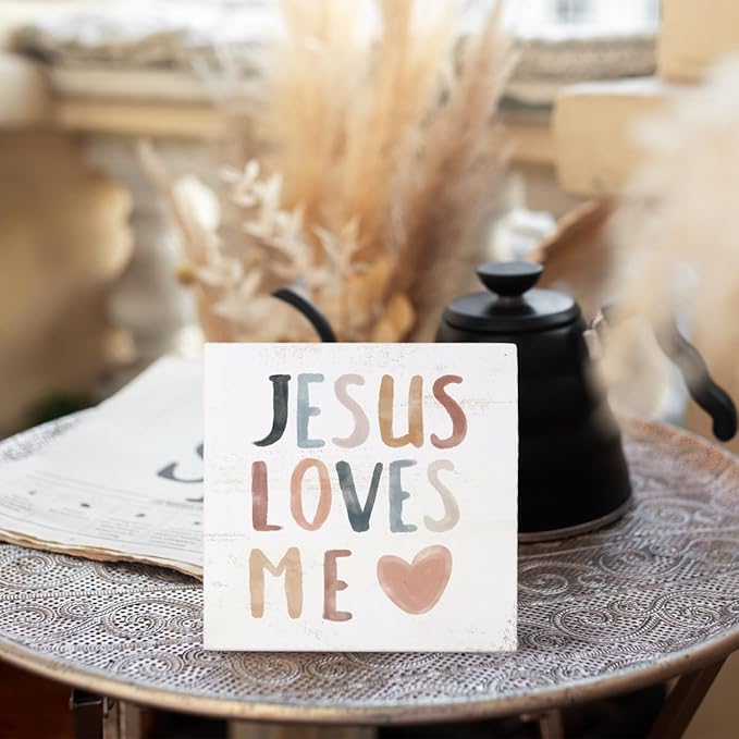 Boho Neutral Baby Girl Boy Nursery Decor - Jesus Loves Me Christian Wood Box Sign Desk Decor, Toddler Boy Girl Room Decor, Christian Desk Decor, Bible Verse Decor, 5x5