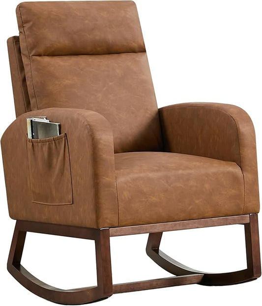 Rocking Chair Nursery, Modern Upholstered Glider Rocker with Side Pocket, Upholstered Lounge Chair with Solid Wood Base for Relaxin, for Living Room, Bedroom