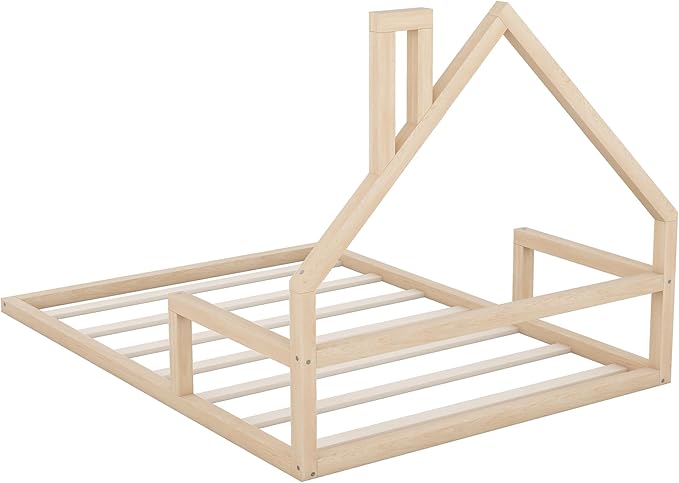 Harper & Bright Designs Full Size House Floor Bed, Montessori Floor Bed for Kids, Solid Wood Low Bed Frame for Bedroom, Playroom, Wooden Slats Support, Natural