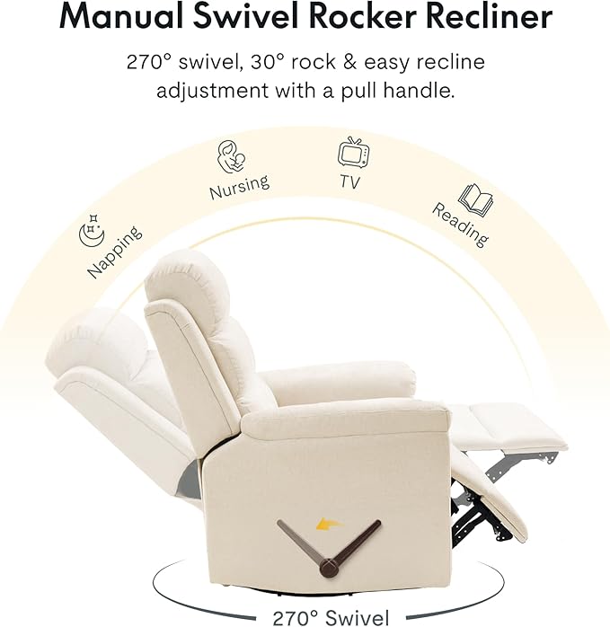 FLEXISPOT XRC6 Nursery Swivel Rocker Recliner with Massage & Heat, Rocking Glider Chair w/ 28" High Back, Comfy Upholstered Armchair for Living Room Nursery, FSC Certified(Premium Chenille, Cream)