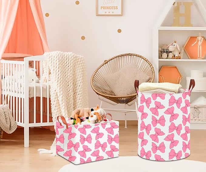 CLOCOR Rectangular Gift Basket Empty,Waterproof Storage Basket with Handles,Toys Bin,Books Box,Room Decor(Pink Bowknot)