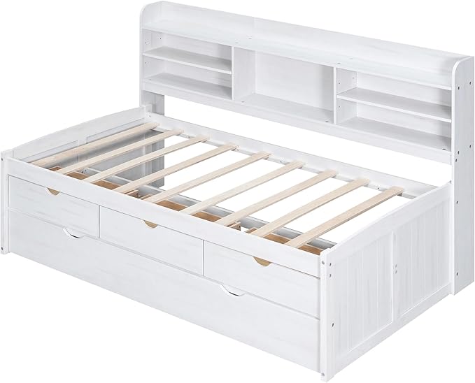 Harper & Bright Designs Twin Size Captain Bed with Built-in Bookshelves/3 Storage Drawers/Trundle, Wooden Twin Daybed Bed Frame for Kids Teens Dorm Bedroom Multipurpose Guest Room, White Wash