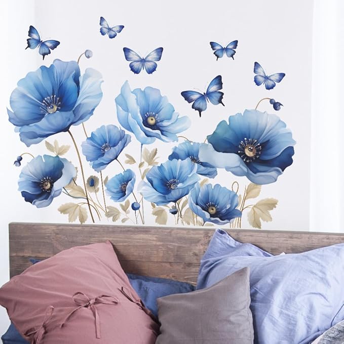 Blue Flower Wall Decals Peel and Sticker DIY Floral Butterly Wall Stcikers Murals for Girls Bedroom, Living Room, Kids Room Wall Decor