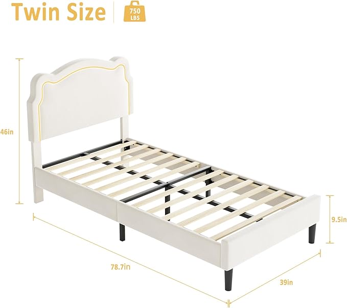 GarveeHome Twin Upholstered LED Bed Frame with Headboard, Velvet Princess Platform Bed Frame for Kids, Wooden Slats Support, No Box Spring Needed (Beige, Twin)