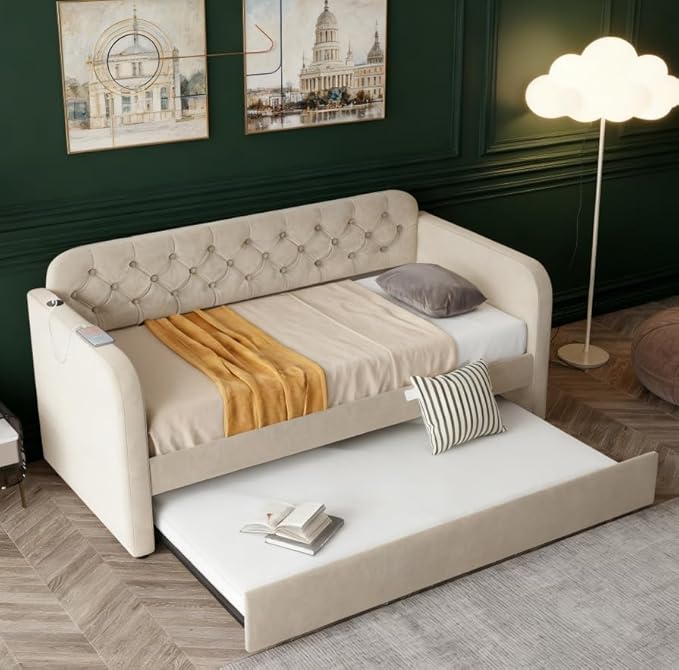 Bellemave Twin Upholstered daybed with Trundle and USB Charging, Velvet Tufted Sofa Bed Twin Size, daybed with Trundle for Adults, Kids, Girls, Teens, for Living Room, Light Beige