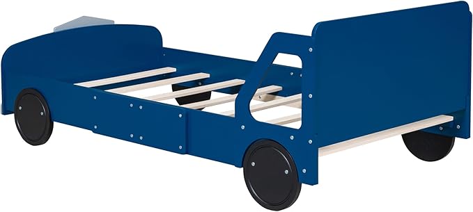Twin Size Car-Shaped Platform Bed Frame for Boys Girls Kids Adults Toddler with Wheels,Blue