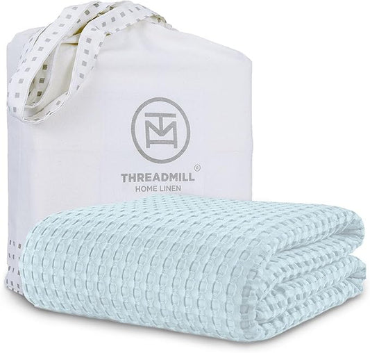 Threadmill Cooling Cotton Waffle Queen Size Blanket | Breathable, Lightweight & Ultra-Soft | Made from Rayon Derived from Bamboo| Cooling Throw Blanket for Couch and Sofa| 90 x 92 Inches | Light Blue