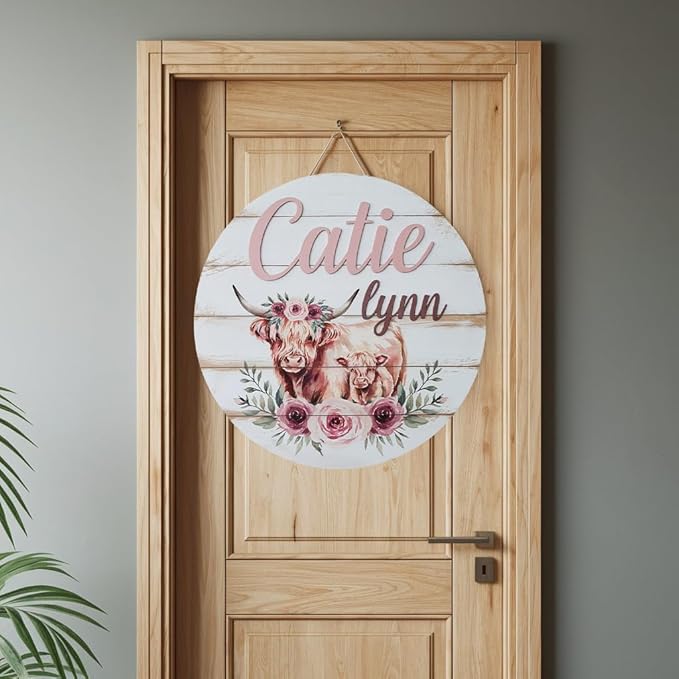 Personalized Baby Name Signs for Nursery, Highland Cow Sign for Baby Door Decor, Newborn Gifts for Girl, Girls Nursery Wall Bedroom Decorations, Mother's Day Gifts for New Mom Dad Gift