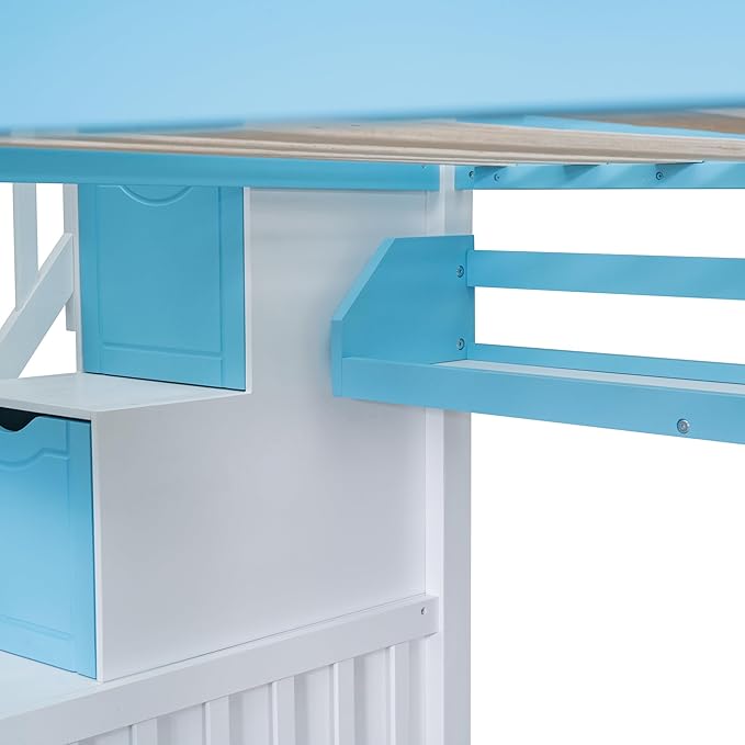 Full-Over-Full Castle Style Bunk Bed with 2 Drawers and 3 Shelves, Wood Bunk Bed Frame with Slide and Storage Staircase for Kids Teens Boys Girls Bedroom