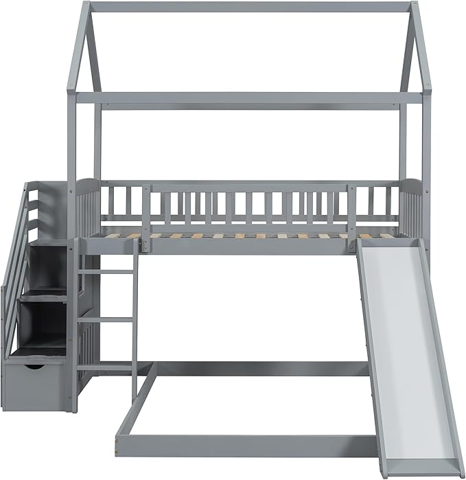 MERITLINE Twin Over Full L Shaped Bunk Bed for 2,Solid Wood House Floor Bunk Bed with Slide and Storage Stairs,No Box Spring Needed (Grey)