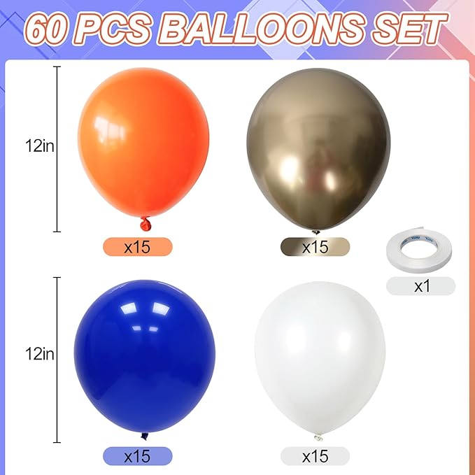 Orange and Blue Balloons, 60 PCS 12 Inch Royal Blue and Orange Gold White Balloons for Kids Boys Cartoon Party Graduation Baby Shower Thanksgiving Autumn Birthday Party Decorations