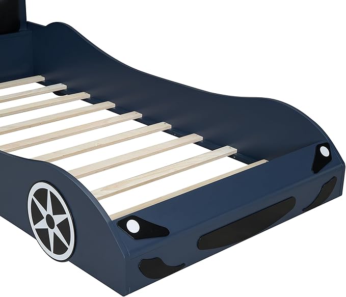Merax Twin Size Race Car Bed with LED and Upholstered Backrest Headboard, PU Car-Shaped Platform Bedframe with Wheels and Guardrails, Wood Slat Support, No Box Spring Needed
