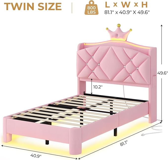 MSmask Twin Bed Frame with LED Lights, Princess Upholstered Bed with Headboard with Charging Station & Crystal Button & Crown, Velvet Platform Bed for Girls, Solid Wood Slats, Curved Legs, Pink
