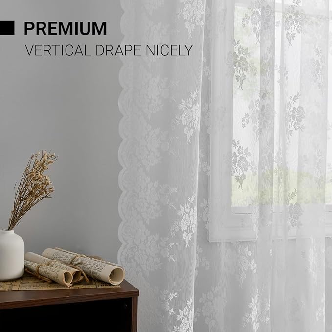 Kotile White Lace Curtains 45 Inch Length 2 Panels Country Rustic Floral Knitted Short Lace Curtains for Kitchen Window, Rod Pocket Privacy Sheer Cafe Curtain, 52 x 45 Inch, White