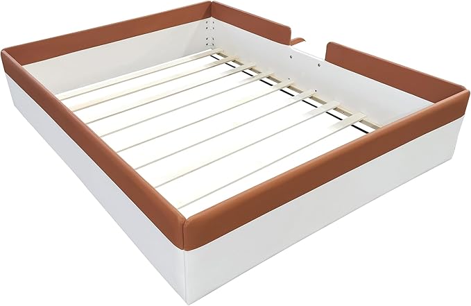 Full Size Upholstered Daybed Frame with Fence and Stairs, Montessori Kids Floor Bed with Sturdy Slat Support for Kids Boys Girls (Brown+Full)