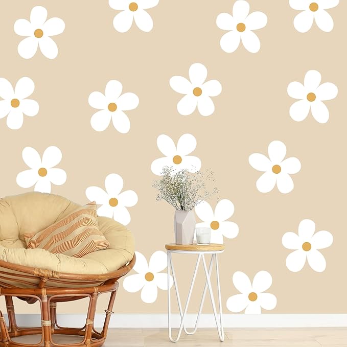 TaoBary 12 Sheets Daisy Wall Decal Flower Wall Sticker Cute Daisy Sticker Pink White Flower Decal Peel and Stick Floral Wallpaper for Nursery Bedroom Home Decor(White, Yellow,Charming Style)